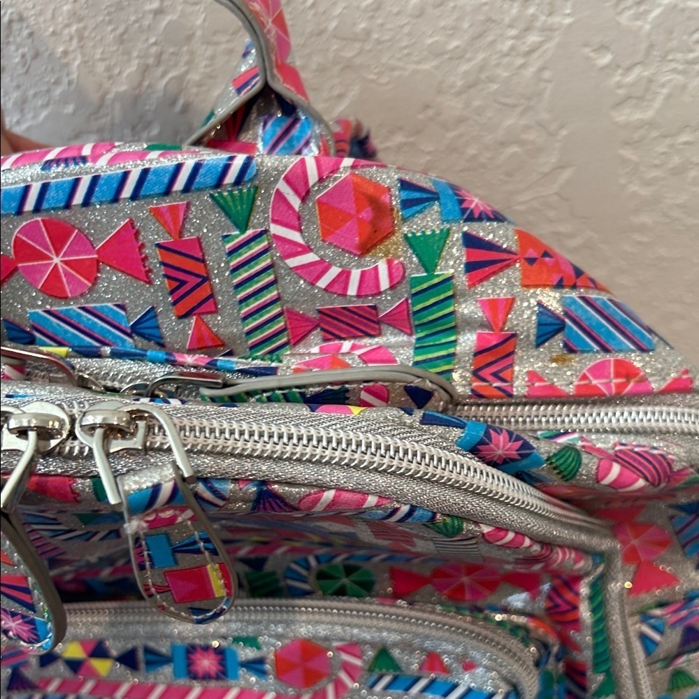 Bari Lynn Geometric Candy Print Shimmer Small Backpack Rainbow Straps - Picture 5 of 7